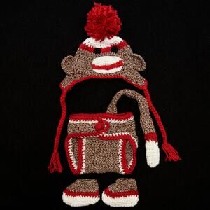 Newborn Photography Sock Monkey Diaper Cover Hat Booties Prop